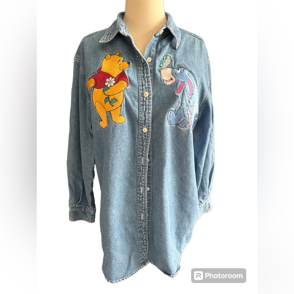 VTG Disney Shirt Womens Medium Denim Winnie The Pooh Eeyore Embroidered Button